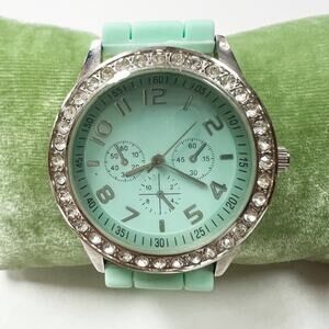Darice mint green wrist watch with rhinestone bezel rubber band OS